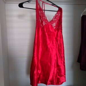 Frederick's of Hollywood Red Satin Halter Slip Dress with Two Front Slits